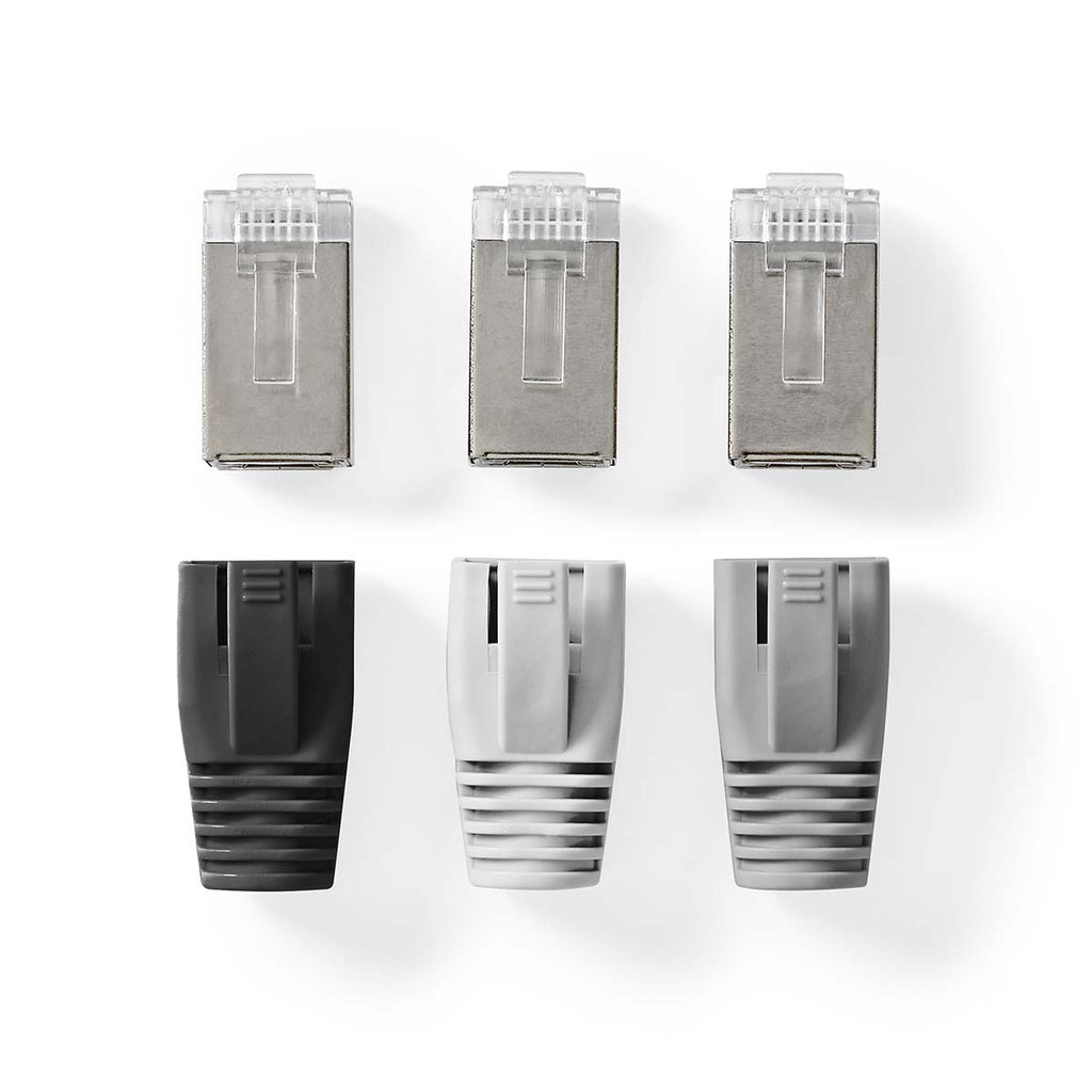 RJ45 csatlakozó | RJ45 Pass Through | Szilárd/szálas FTP CAT6 | Egyenes | Aranyozott | 10 db | PVC | Fehér / Fekete / Szürke | Doboz