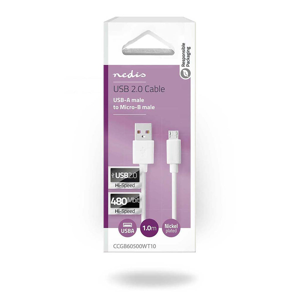 USB kábel | USB 2.0 | USB-A Dugasz | USB Micro-B Dugasz | 480 Mbps | Nikkelezett | 1.00 m | Kerek | PVC | Fehér | Doboz