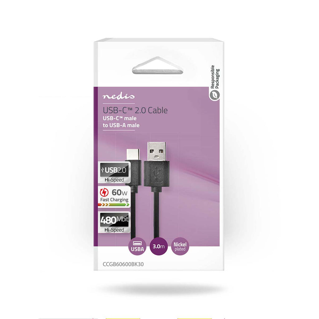 USB kábel | USB 2.0 | USB-C™ Dugasz | USB-A Dugasz | 480 Mbps | Nikkelezett | 3.00 m | Kerek | PVC | Fekete | Doboz