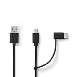 2 az 1-ben szinkronizáló- és töltőkábel | USB A Dugasz - USB Micro B/USB-C Típusú Dugasz | 1,0 m | Fekete