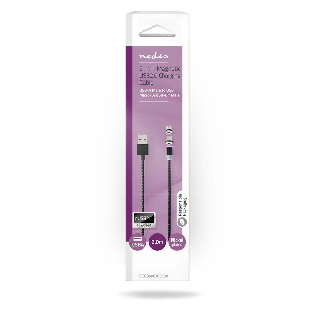 USB kábel | USB 2.0 | USB-A Dugasz | USB Micro-B Dugasz / USB-C™ Dugasz | No Data Transfer | Nikkelezett | 2.00 m | Kerek | Nejlon Tok | Fekete | Doboz