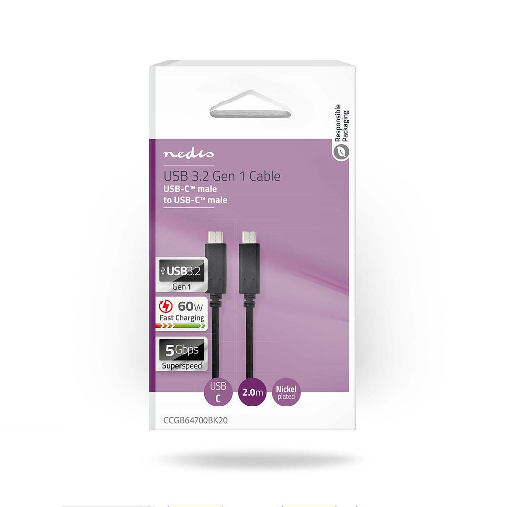 USB kábel | USB 3.2 Gen 1 | USB-C™ Dugasz | USB-C™ Dugasz | 4K@60Hz | 5 Gbps | Nikkelezett | 2.00 m | Kerek | PVC | Fekete | Doboz