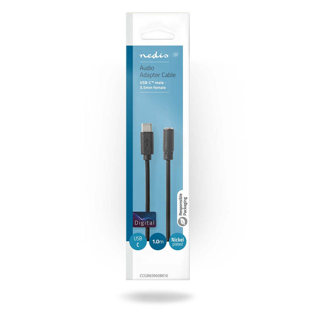 USB-C™ Adapter | USB 2.0 | USB-C™ Dugasz | 3.5 mm Aljzat | 1.00 m | Kerek | Nikkelezett | PVC | Fekete | Doboz