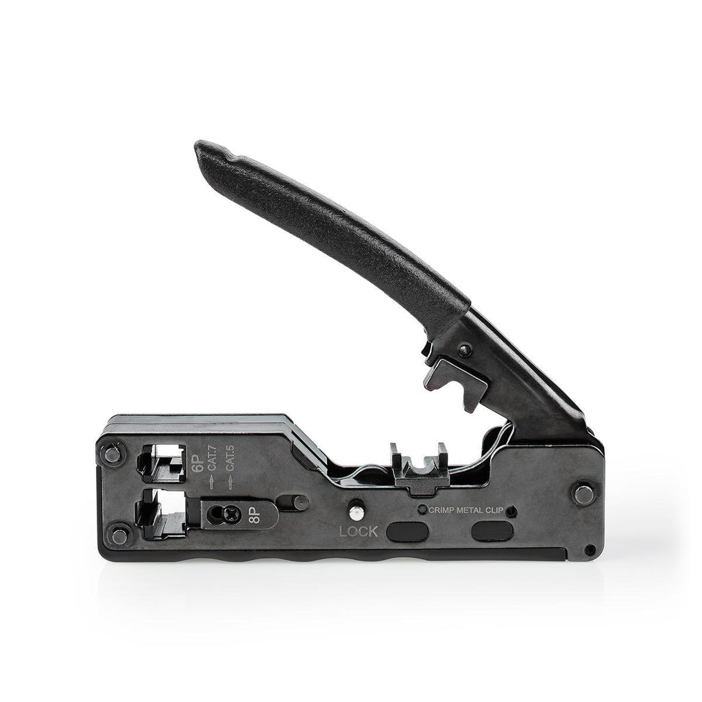 Crimp pliers | CAT5 / CAT5e / CAT6 / CAT6a / CAT7 / RJ12 / RJ45 | Fogó / Lehántás / Szigetelés Eltávolítás | ABS / Acél | Fekete