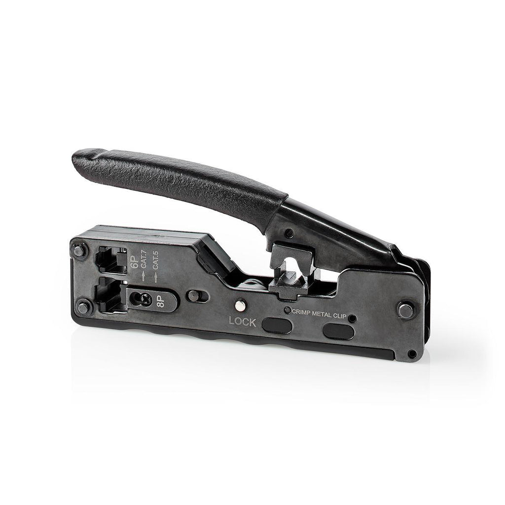Crimp pliers | CAT5 / CAT5e / CAT6 / CAT6a / CAT7 / RJ12 / RJ45 | Fogó / Lehántás / Szigetelés Eltávolítás | ABS / Acél | Fekete