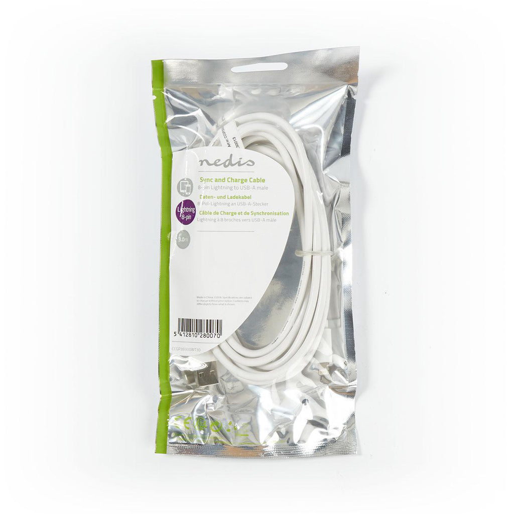 USB kábel | USB 2.0 | Apple Lightning, 8 Pólusú | USB-A Dugasz | 480 Mbps | 12 W | Nikkelezett | 3.00 m | Kerek | PVC | Fehér | Műanyag Zacskó