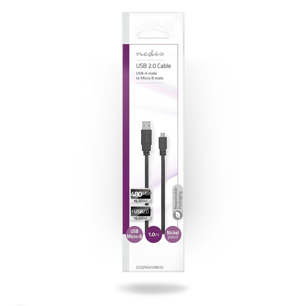 USB kábel | USB 2.0 | USB-A Dugasz | USB Micro-B Dugasz | 480 Mbps | Nikkelezett | 1.00 m | Lapos | PVC | Fekete | Műanyag Zacskó-2