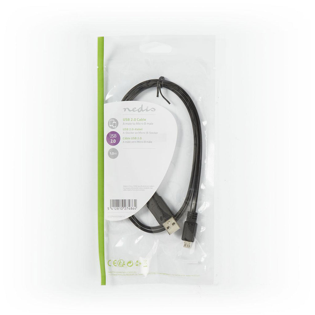 USB kábel | USB 2.0 | USB-A Dugasz | USB Micro-B Dugasz | 480 Mbps | Nikkelezett | 1.00 m | Lapos | PVC | Fekete | Műanyag Zacskó