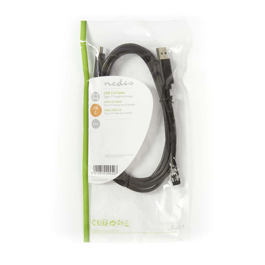USB kábel | USB | USB-A Dugasz | USB Type-C™ Dugasz | Nikkelezett | 2.00 m | Kerek | PVC | Fekete | Műanyag Zacskó