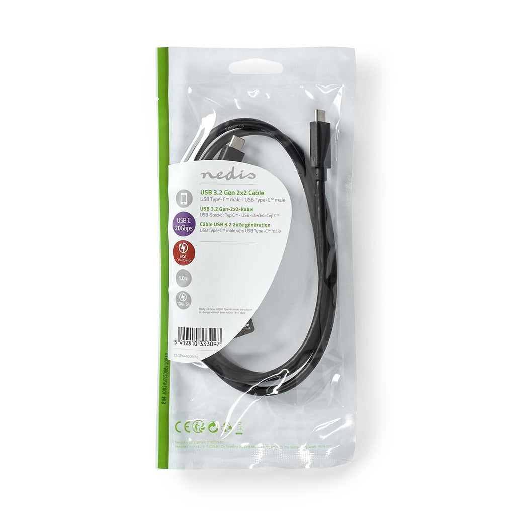 USB kábel | USB 3.2 Gen 2x2 | USB-C™ Dugasz | USB-C™ Dugasz | 20 Gbps | Nikkelezett | 1.00 m | Kerek | PVC | Fekete | Műanyag Zacskó