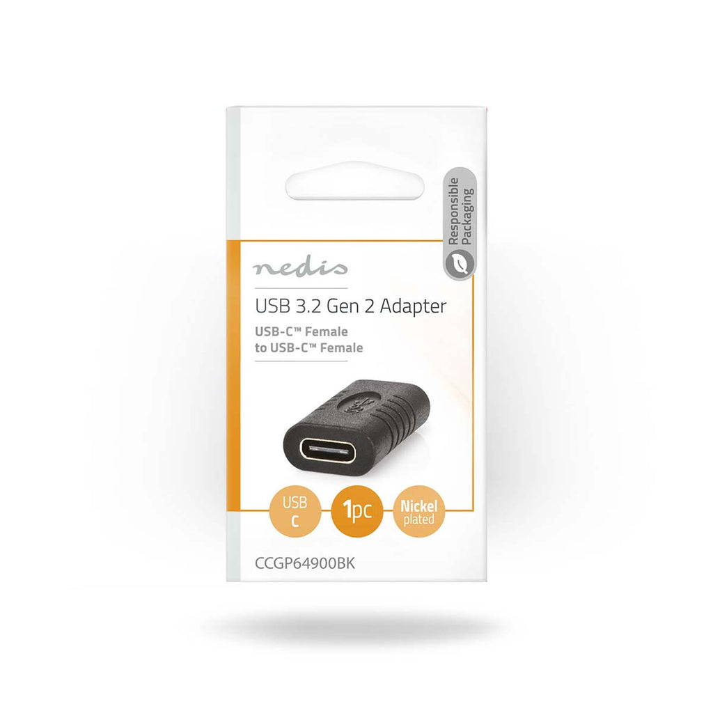 USB-C™ Adapter | USB 3.2 Gen 2 | USB-C™ Aljzat | USB-C™ Aljzat | 4K@60Hz | 10 Gbps | Kerek | Nikkelezett | Fekete | Boríték