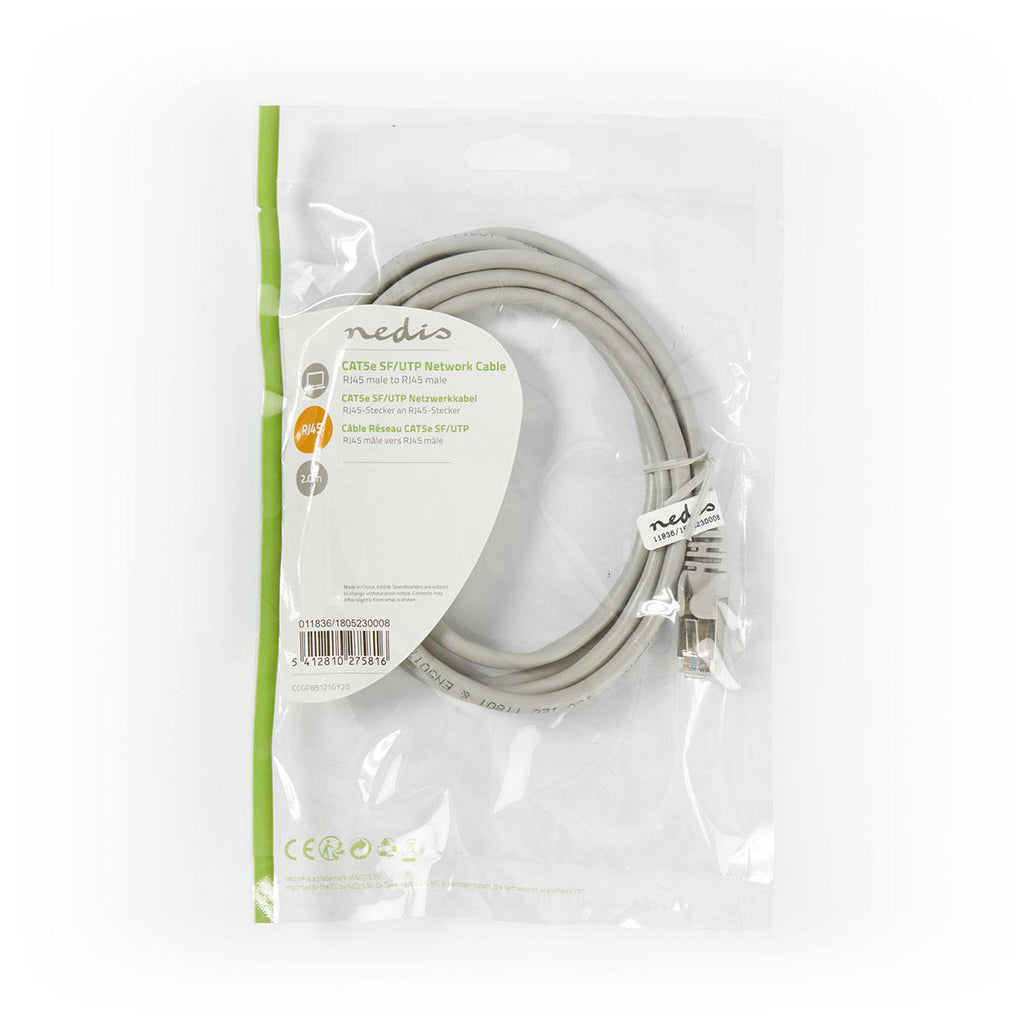 Cat 5e kábel | SF/UTP | RJ45 Dugasz | RJ45 Dugasz | 2.00 m | Kerek | PVC | Szürke | Műanyag Zacskó