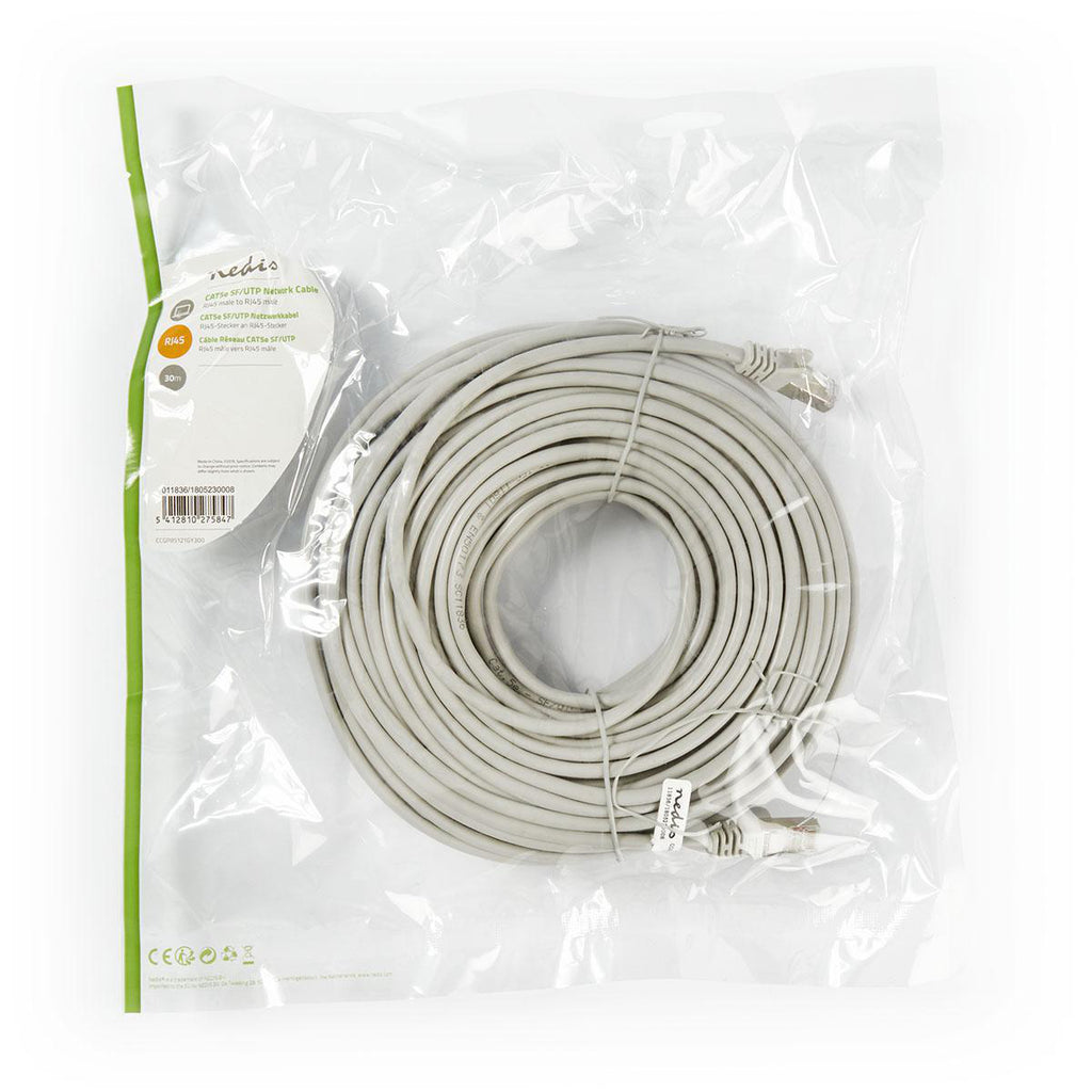 Cat 5e kábel | SF/UTP | RJ45 (8P8C) Dugasz | RJ45 (8P8C) Dugasz | 30.0 m | Kerek | PVC | Szürke | Műanyag Zacskó