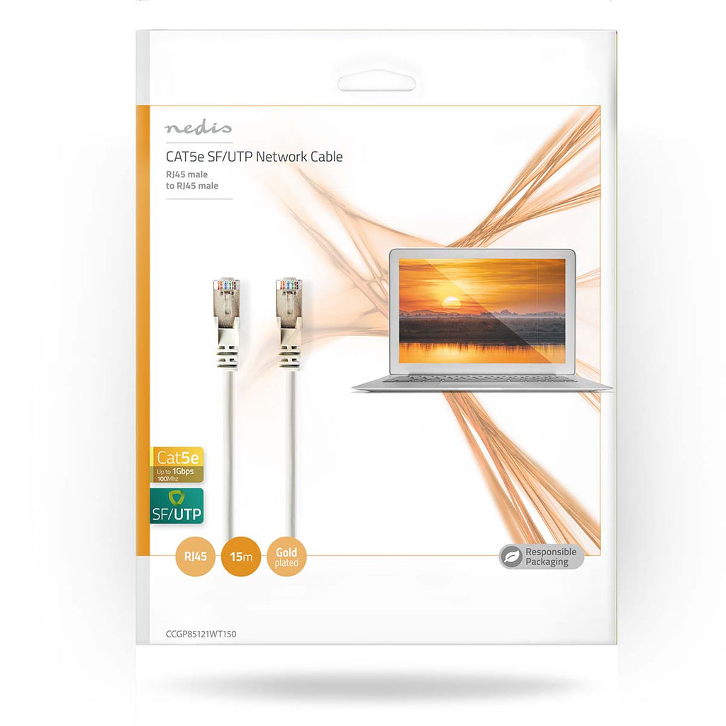 Cat 5e kábel | SF/UTP | RJ45 Dugasz | RJ45 Dugasz | 15.0 m | Kerek | PVC | Fehér | Boríték