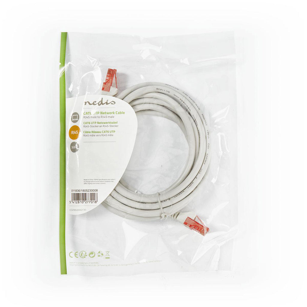 Cat 6 kábel | RJ45 Dugasz | RJ45 Dugasz | U/UTP | 3.00 m | Kerek | PVC | Szürke | Műanyag Zacskó