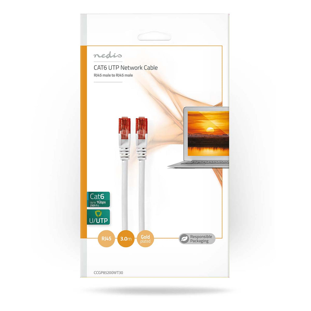 Cat 6 kábel | RJ45 Dugasz | RJ45 Dugasz | U/UTP | 3.00 m | Kerek | PVC | Fehér | Boríték