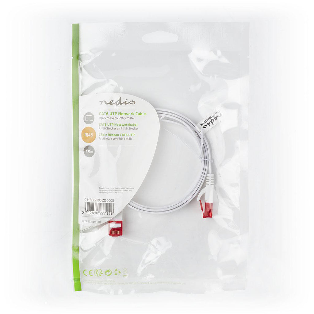 Cat 6 kábel | RJ45 Dugasz | RJ45 Dugasz | U/UTP | 1.00 m | Snagless | Lapos | PVC | Fehér | Műanyag Zacskó