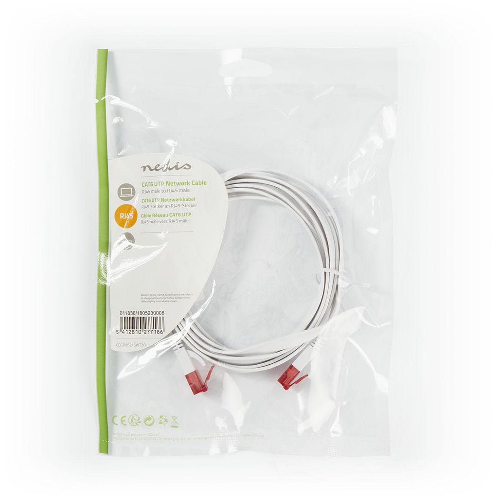 Cat 6 kábel | RJ45 Dugasz | RJ45 Dugasz | U/UTP | 3.00 m | Snagless | Lapos | PVC | Fehér | Műanyag Zacskó