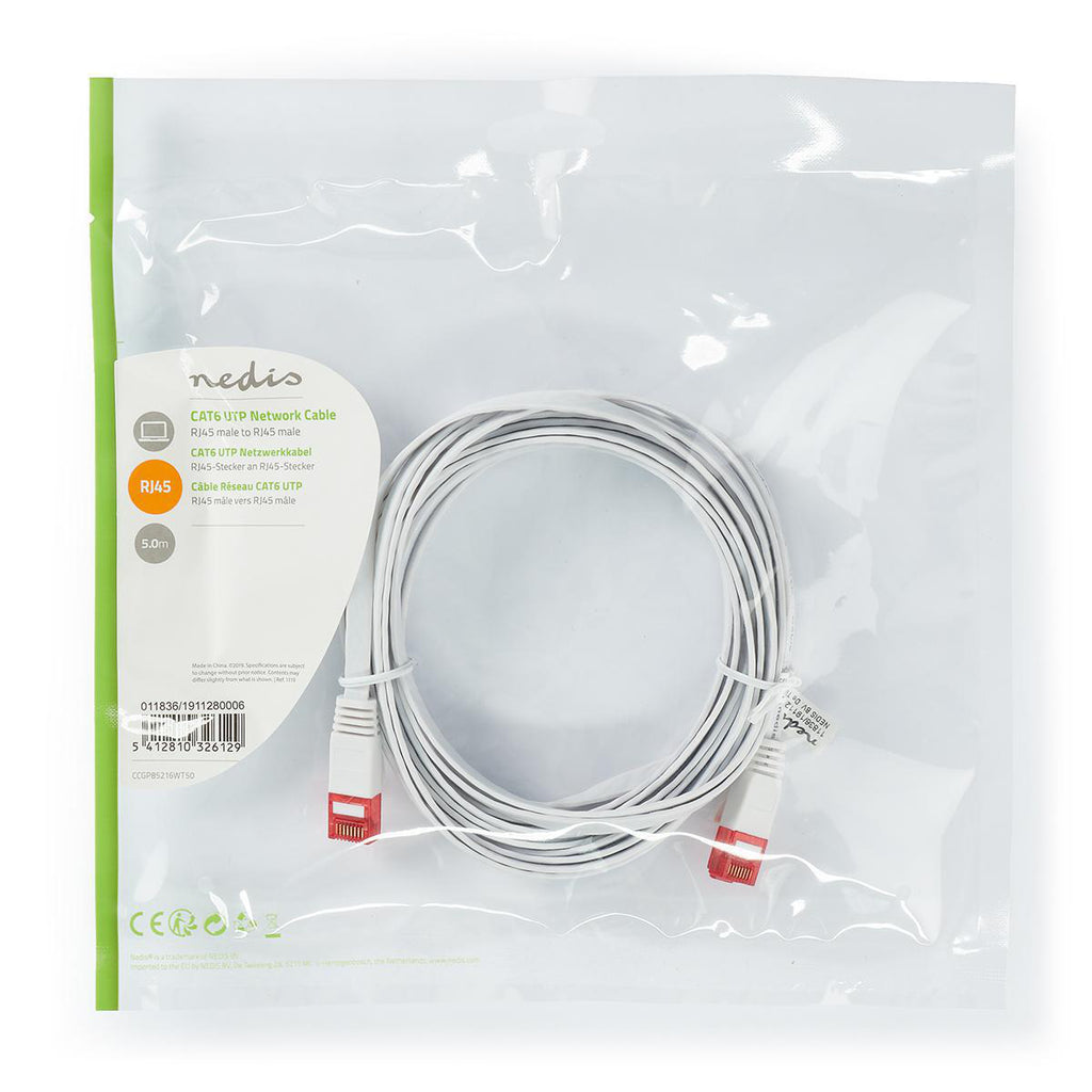 Cat 6 kábel | RJ45 Dugasz | RJ45 Dugasz | U/UTP | 5.00 m | Snagless | Lapos | PVC | Fehér | Műanyag Zacskó