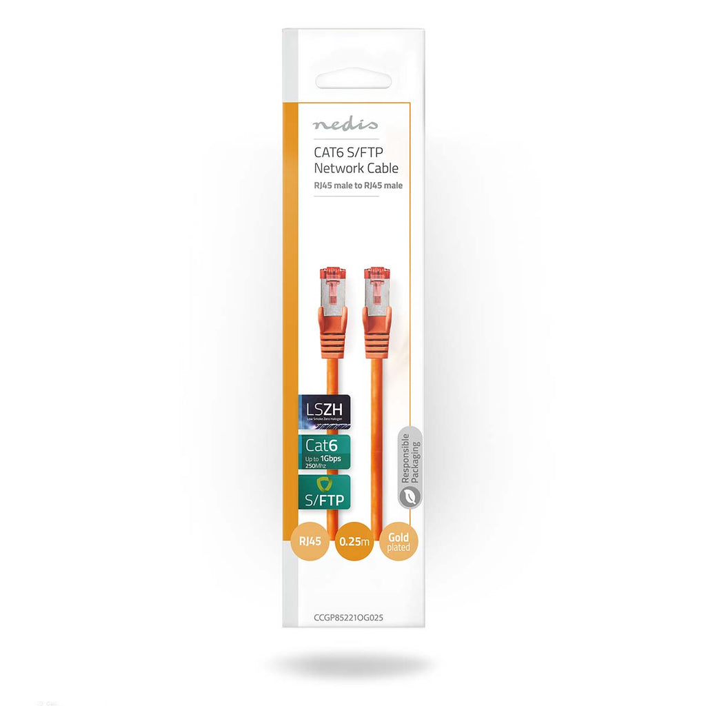 Cat 6 kábel | RJ45 Dugasz | RJ45 Dugasz | S/FTP | 0.25 m | Kerek | LSZH | Narancs | Boríték