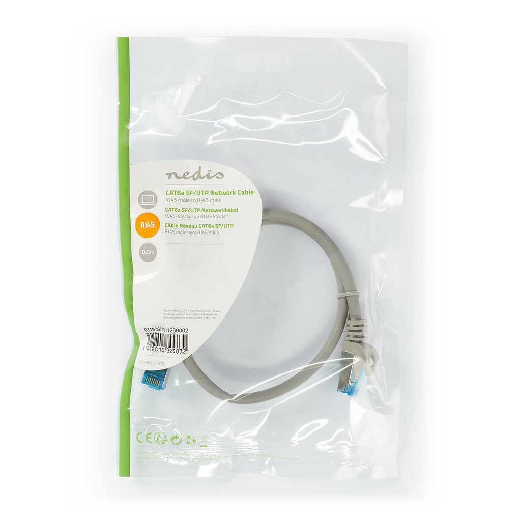 CAT6a Kábel | S/FTP | RJ45 Dugasz | RJ45 Dugasz | 0.50 m | Snagless | Kerek | LSZH | Szürke | Boríték