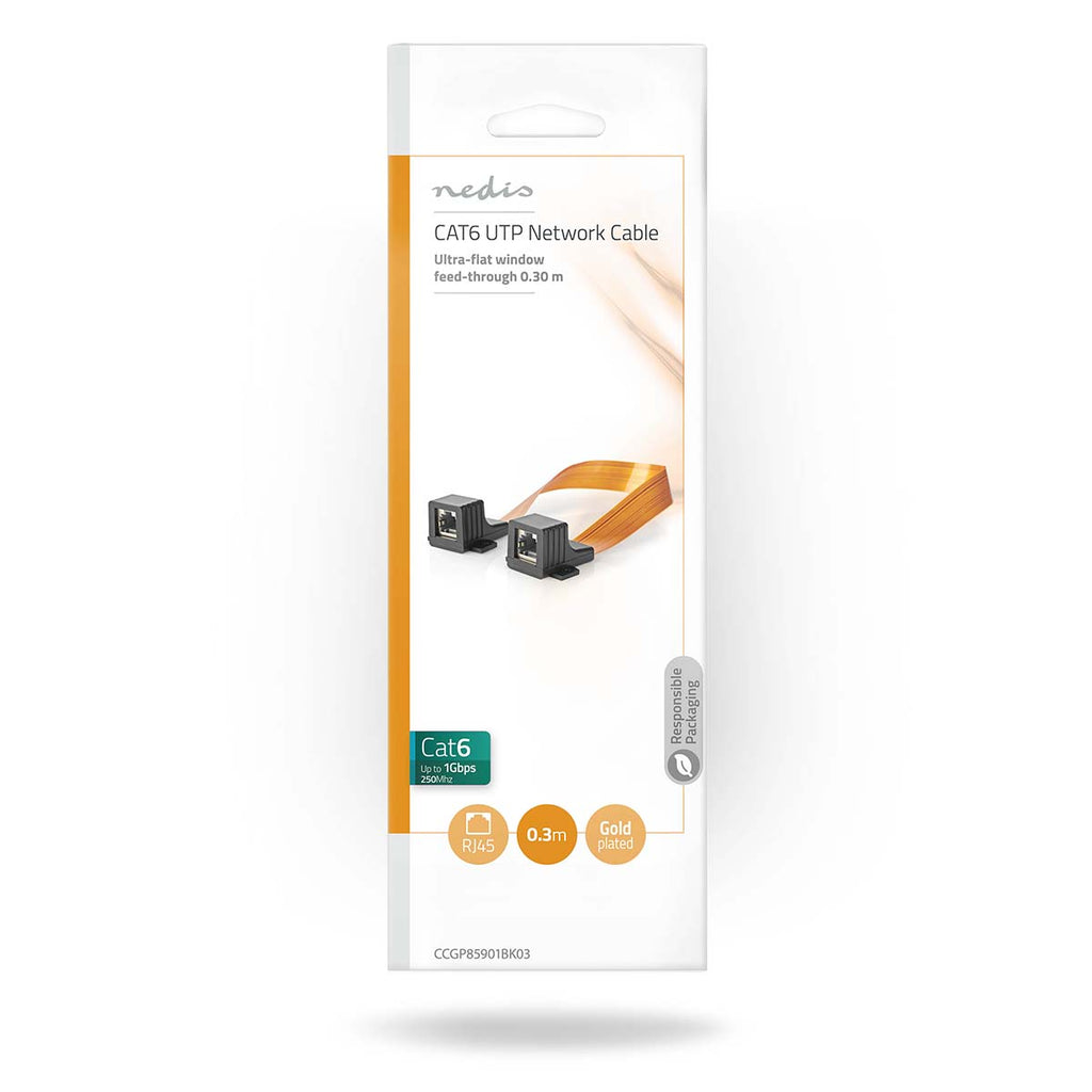 Cat 6 kábel | RJ45 Aljzat | RJ45 Aljzat | U/UTP | 0.30 m | Kül és Beltéri | Lapos | Nejlon Tok | Fekete | Műanyag Zacskó