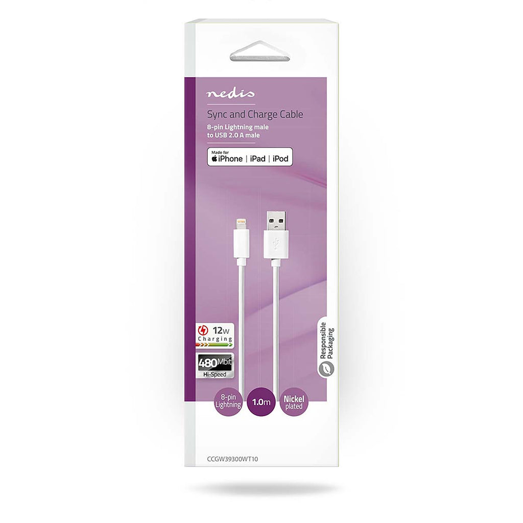 Lightning Kábel | USB 2.0 | Apple Lightning, 8 Pólusú | USB-A Dugasz | 480 Mbps | Nikkelezett | 1.00 m | Kerek | PVC | Fehér | Doboz