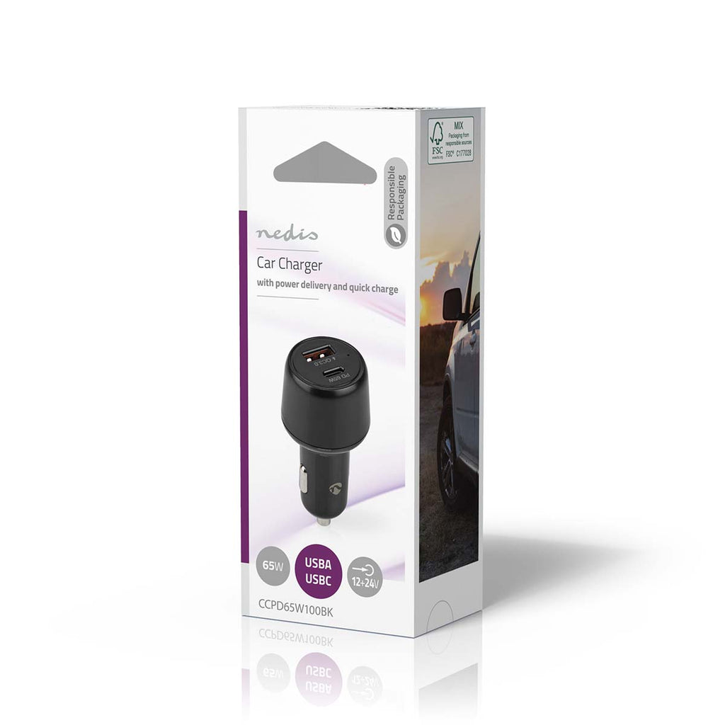 Autós Töltő | 2.0 / 3.0 / 3.25 A | Kimenő csatlakozók száma: 2 | Csatlakozó típusa: USB-A / USB-C™ | 65 W | Automatikus Feszültség Kiválasztás