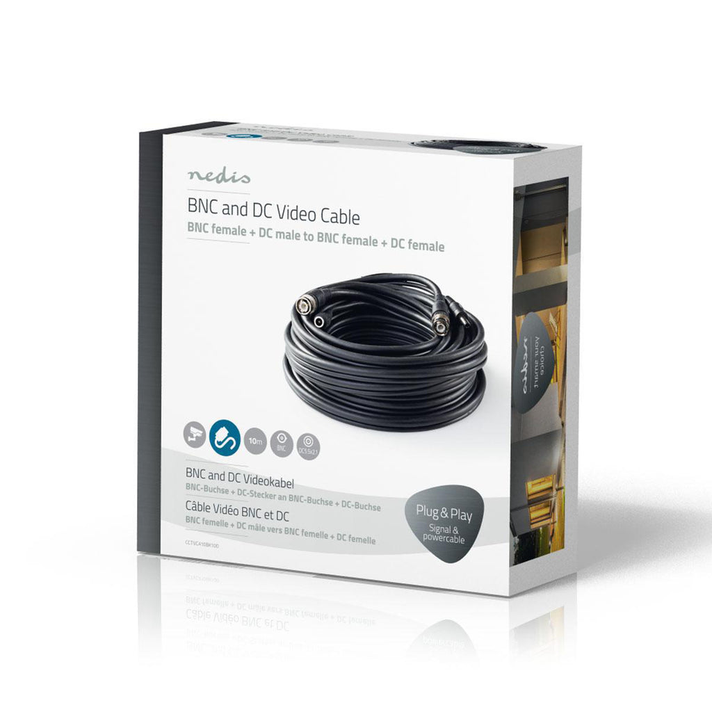 CCTV biztonsági kábel | BNC / DC | 10.0 m | Kerek | PVC | Fekete | Ajándék Dobozban