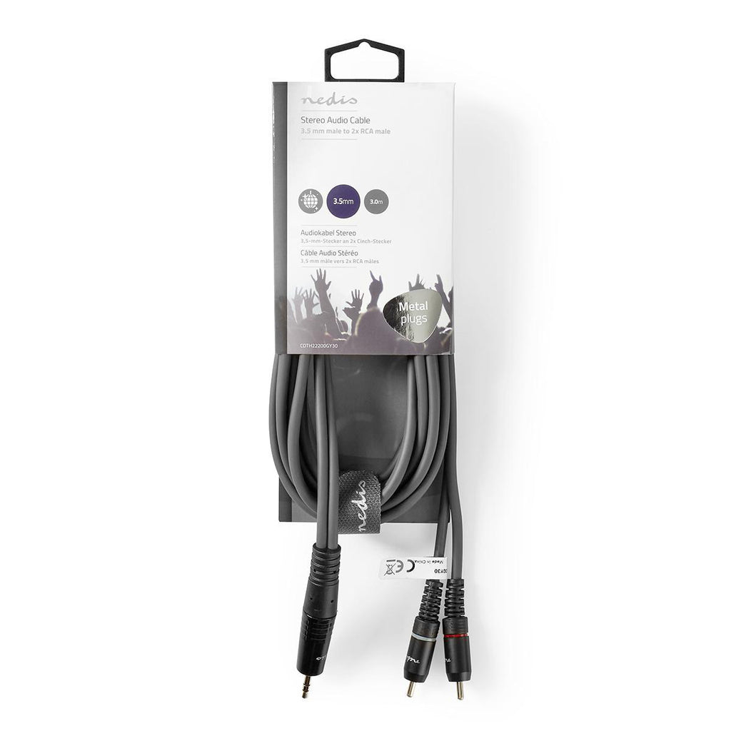 Sztereó audiokábel | 3.5 mm Dugasz | 2x RCA Dugasz | Nikkelezett | 3.00 m | Kerek | Sötét Szürke | Kartondoboz