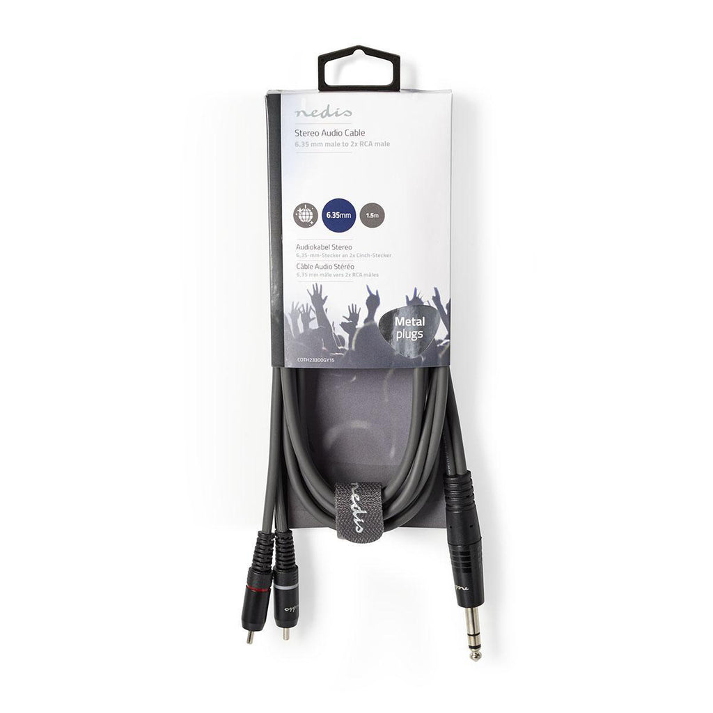 Sztereó audiokábel | 6.35 mm Dugasz | 2x RCA Dugasz | Nikkelezett | 1.50 m | Kerek | Sötét Szürke | Kartondoboz