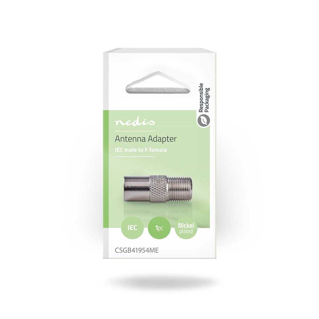 Műholdas és antenna adapter | IEC (Koax) Dugasz | F Aljzat | Nikkelezett | 75 Ohm | Egyenes | Fém | Ezüst | 1 db | Doboz