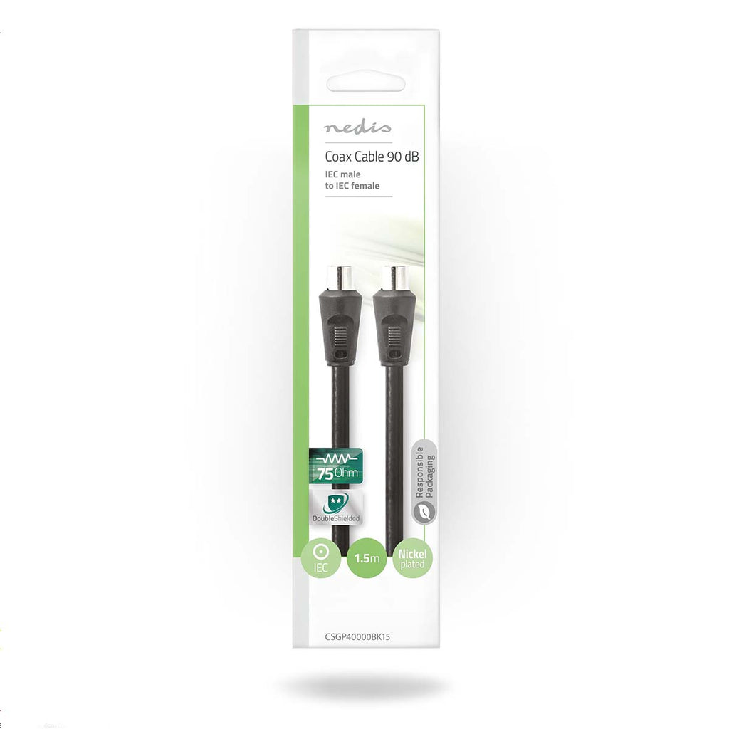 Koaxiális Kábel | IEC (Koax) Dugasz | IEC (Koax) Aljzat | Nikkelezett | 90 dB | 75 Ohm | Dupla Szigeteléssel | 1.50 m | Kerek | PVC | Fekete | Boríték