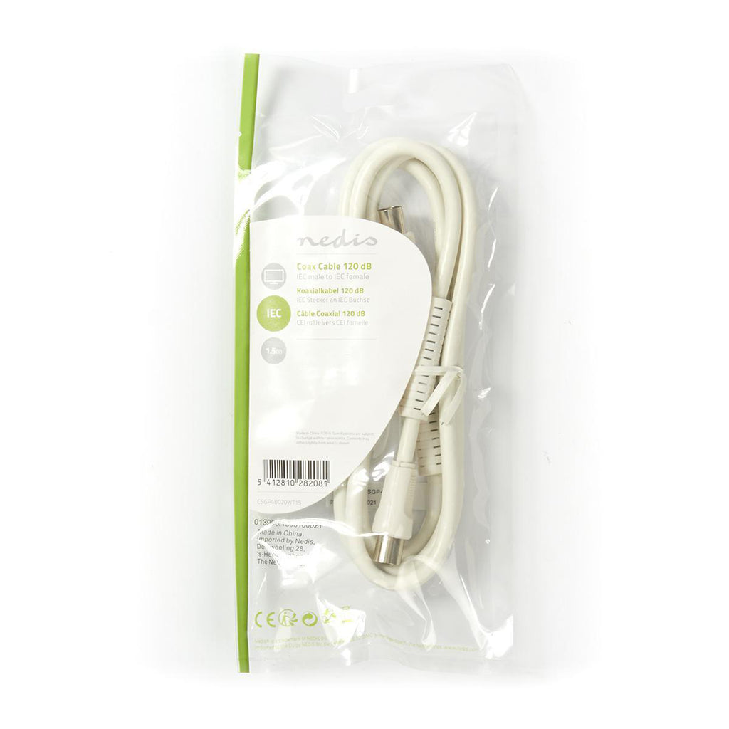 Koaxiális Kábel | IEC (Koax) Dugasz | IEC (Koax) Aljzat | Nikkelezett | 75 Ohm | Négyes Szigetelés | 1.50 m | Kerek | PVC | Fehér | Műanyag Zacskó