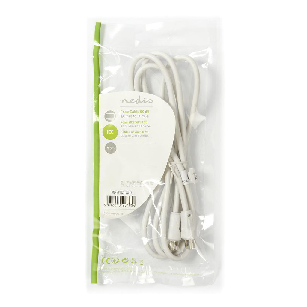 Koaxiális Kábel | IEC (Koax) Dugasz | IEC (Koax) Dugasz | Nikkelezett | 75 Ohm | Kettős Szigetelés | 1.50 m | Kerek | PVC | Fehér | Műanyag Zacskó