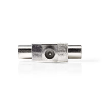 Műholdas és antenna adapter | IEC (Koax) Dugasz | 2x Coax Aljzat | Nikkelezett | 75 Ohm | T elosztó | Fém | Ezüst | 1 db | Műanyag Zacskó