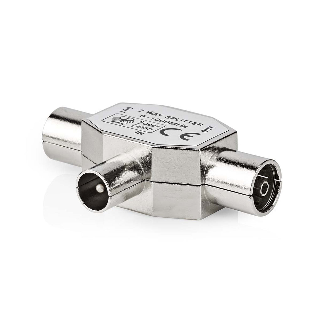 Műholdas és antenna adapter | IEC (Koax) Dugasz | 2x Coax Aljzat | Nikkelezett | 75 Ohm | T elosztó | Fém | Ezüst | 1 db | Műanyag Zacskó