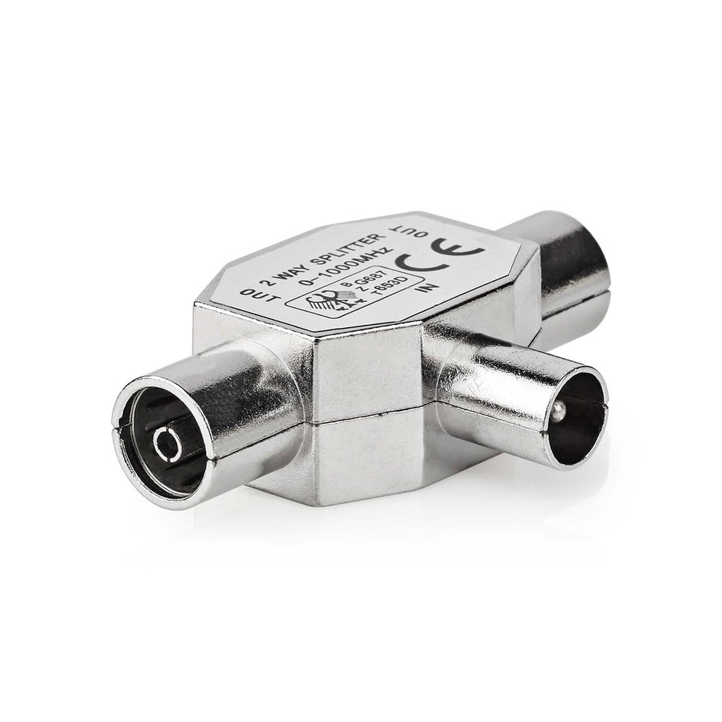 Műholdas és antenna adapter | IEC (Koax) Dugasz | 2x Coax Aljzat | Nikkelezett | 75 Ohm | T elosztó | Fém | Ezüst | 1 db | Műanyag Zacskó