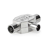Műholdas és antenna adapter | IEC (Koax) Dugasz | 2x Coax Aljzat | Nikkelezett | 75 Ohm | T elosztó | Fém | Ezüst | 1 db | Műanyag Zacskó