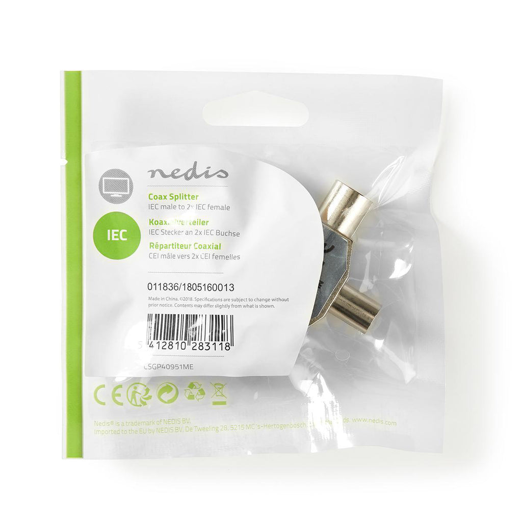 Műholdas és antenna adapter | IEC (Koax) Dugasz | 2x Coax Aljzat | Nikkelezett | 75 Ohm | T elosztó | Fém | Ezüst | 1 db | Műanyag Zacskó
