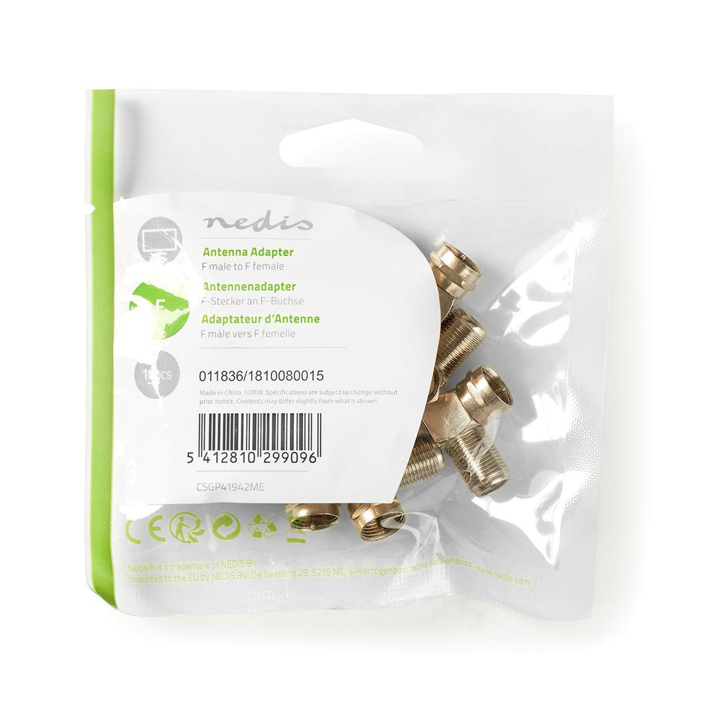 Műholdas és antenna adapter | F Dugasz | F Aljzat | Nikkelezett | 75 Ohm | Könyök 90 ° | Fém | Ezüst | 10 db | Műanyag Zacskó