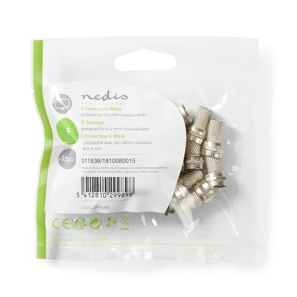 F csatlakozó | Tüske | 6,4 mm-es Koax Kábelekhez | 25 darab | Fém