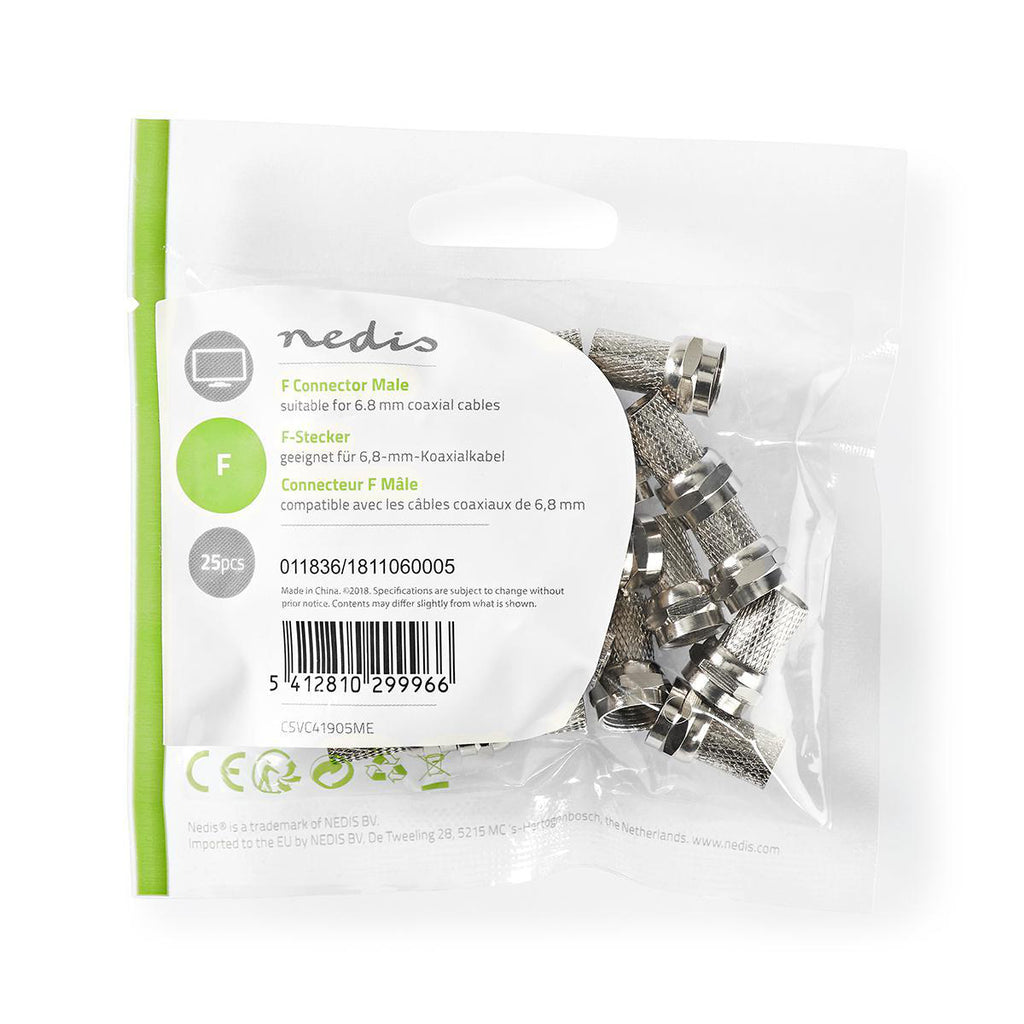 F csatlakozó | Tüske | 6,8 mm-es Koax Kábelekhez | 25 darab | Fém