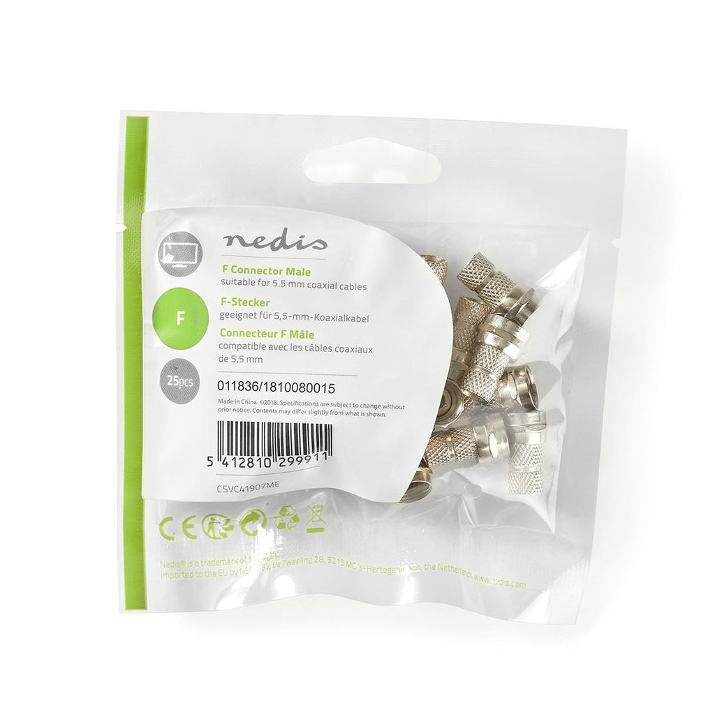 F csatlakozó | Tüske | 5,5 mm-es Koax Kábelekhez | 25 darab | Fém