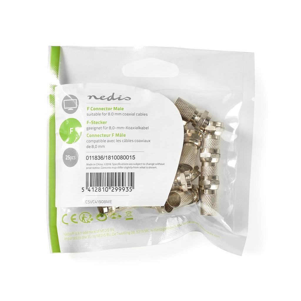 F csatlakozó | Tüske | 7.5 mm-es Koax Kábelekhez | 25 darab | Fém