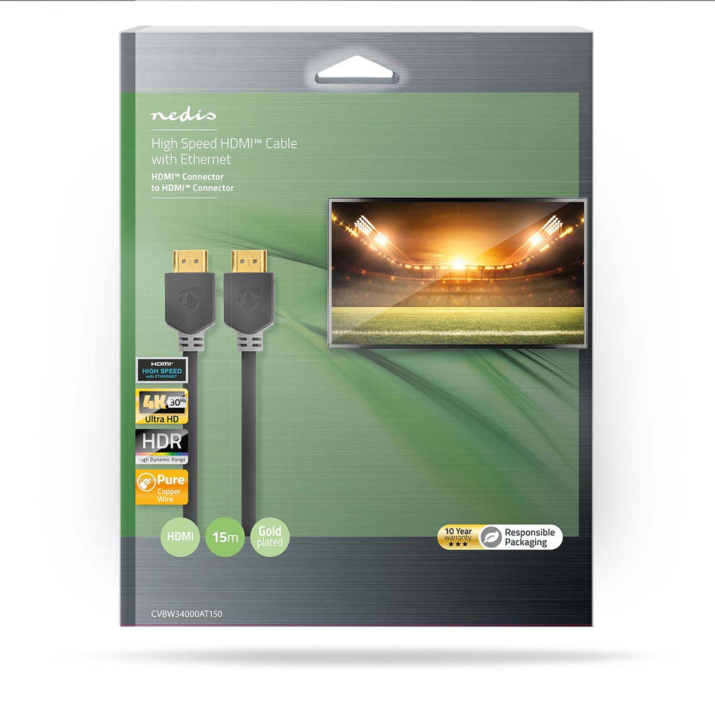 Nagy Sebességű HDMI ™ kábel Ethernet | HDMI™ Csatlakozó | HDMI™ Csatlakozó | 4K@30Hz | ARC | 10.2 Gbps | 15.0 m | Kerek | PVC | Antracit | Doboz