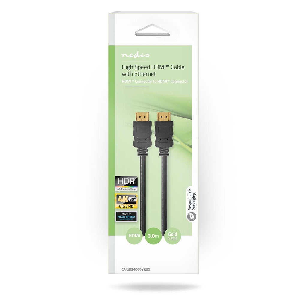 Nagy Sebességű HDMI ™ kábel Ethernet | HDMI™ Csatlakozó | HDMI™ Csatlakozó | 4K@30Hz | ARC | 10.2 Gbps | 3.00 m | Kerek | PVC | Fekete | Doboz
