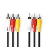 Kompozit Videokábel | 3 db RCA Dugasz - 3 db RCA Dugasz | 10 m | Fekete