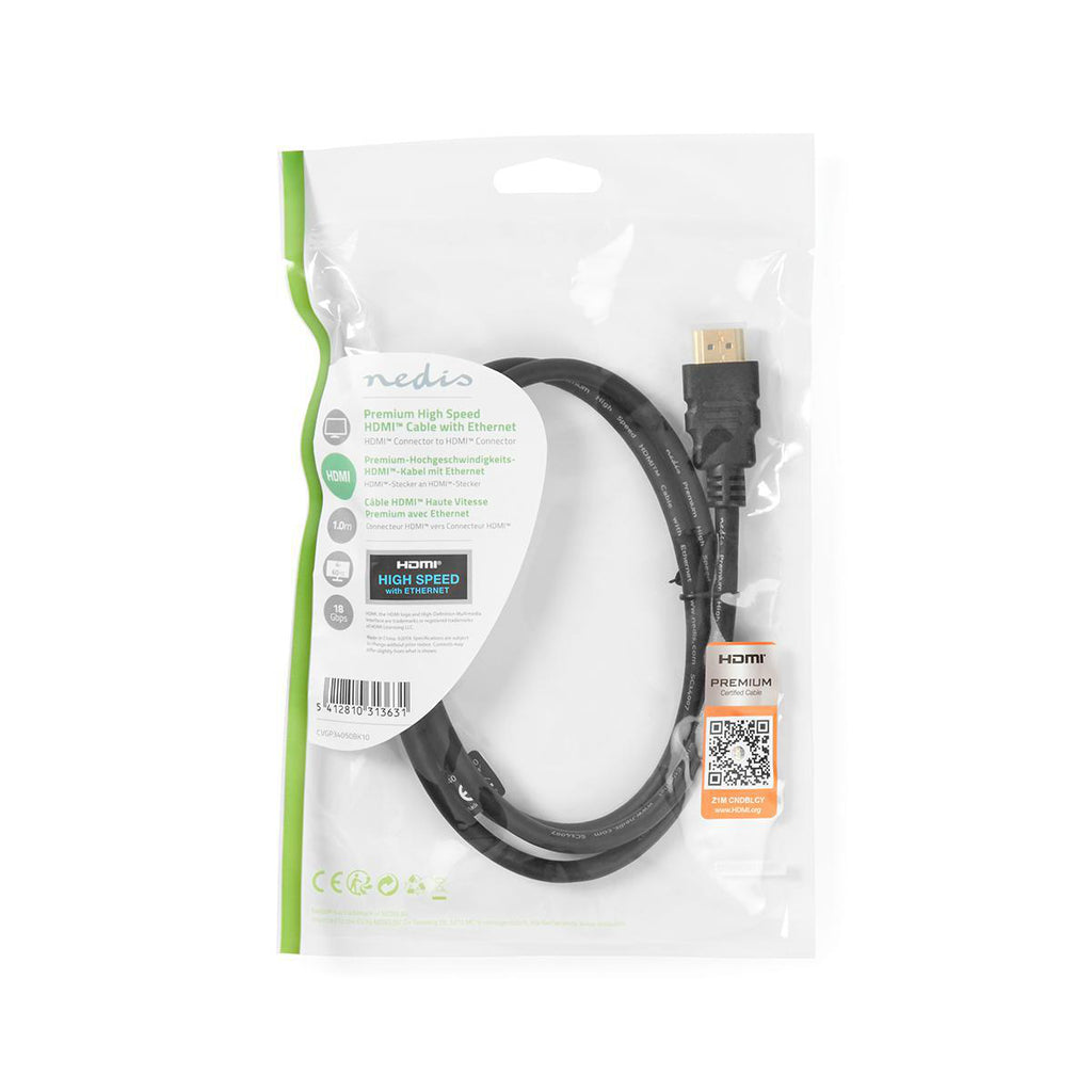 Premium Nagysebességű HDMI ™ kábel Ethernet | HDMI™ Csatlakozó | HDMI™ Csatlakozó | 4K@60Hz | 18 Gbps | 1.00 m | Kerek | PVC | Fekete | Műanyag Zacskó