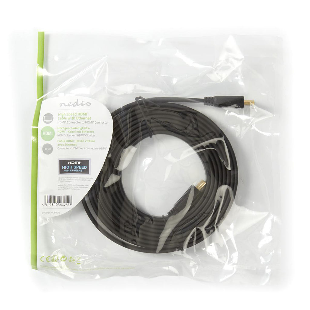 Nagysebességű HDMI ™ kábel Ethernet | HDMI™ Csatlakozó | HDMI™ Csatlakozó | 4K@30Hz | 10.2 Gbps | 3.00 m | Lapos | PVC | Fekete | Műanyag Zacskó